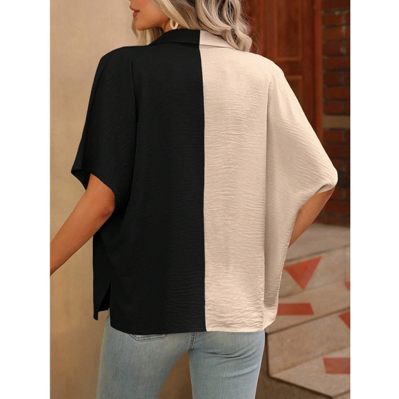 Loose Fitting Color Block 2 Tone Button Up Down Shirt Batwing Sleeve - Picture 3 of 7